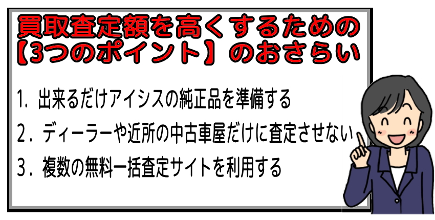 買取査定額を高くするための【3つのポイント】のおさらい 1.出来るだけアイシスの純正品を準備する 2.ディーラーや近所の中古車やだけに査定させない 3.複数の無料一括無料サイトを利用する